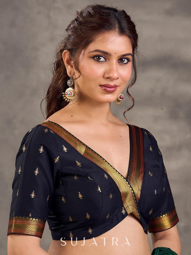 Jet Black Cotton Silk V-Neck Blouse with Gold Buti & Zari Border Detailing