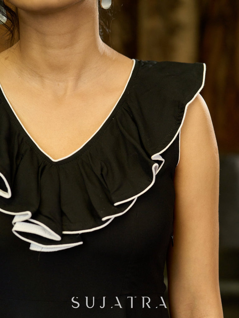 Midnight Ruffle Black Flared Rayon Dress with White Accents