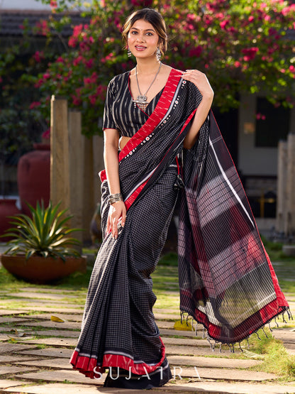 Noir Cotton Checkered Saree with Contrasting Red Ikat Accents