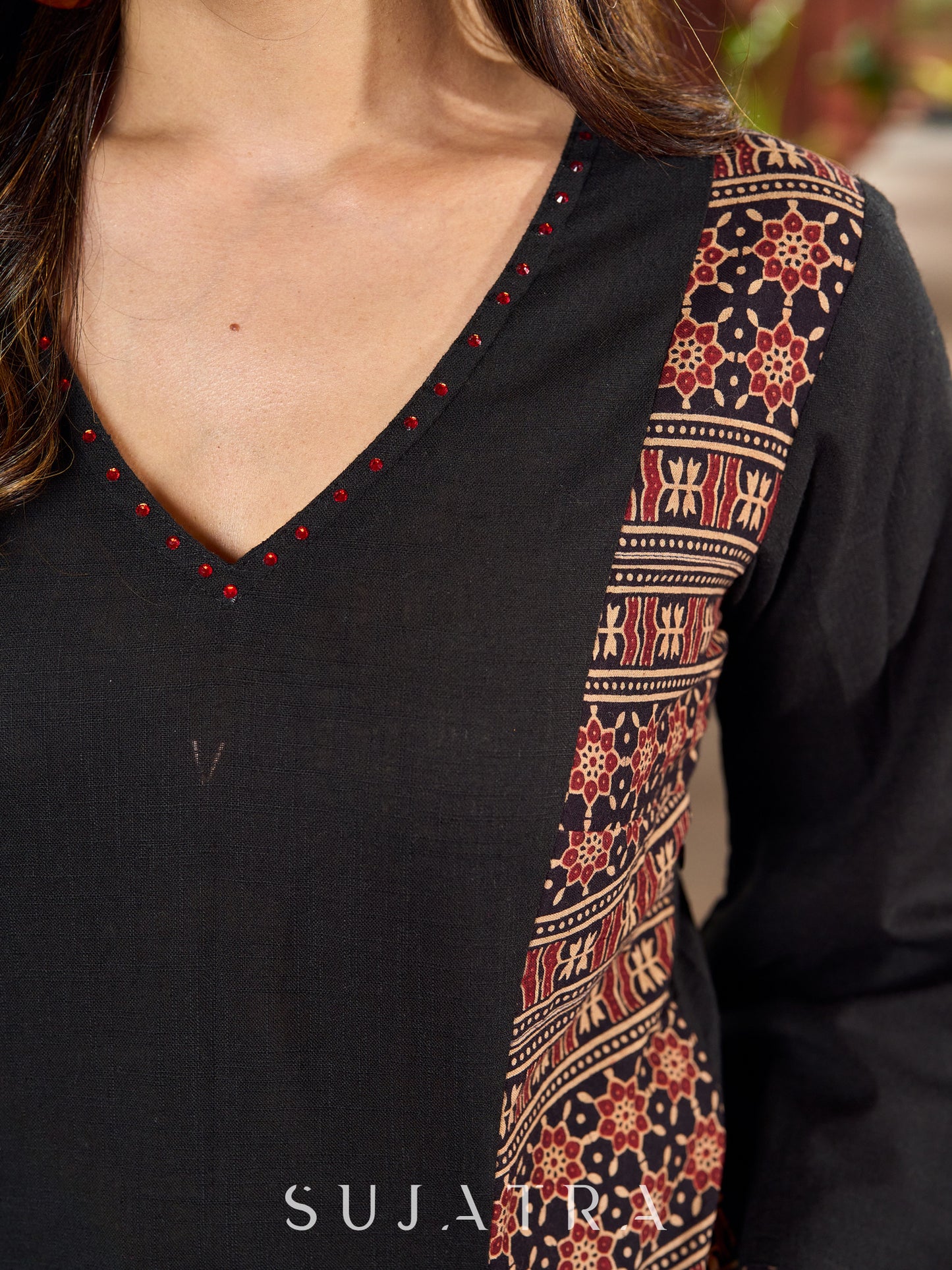 Stylish cotton printed kurta with contrast detailing and smart pocket-pant optional