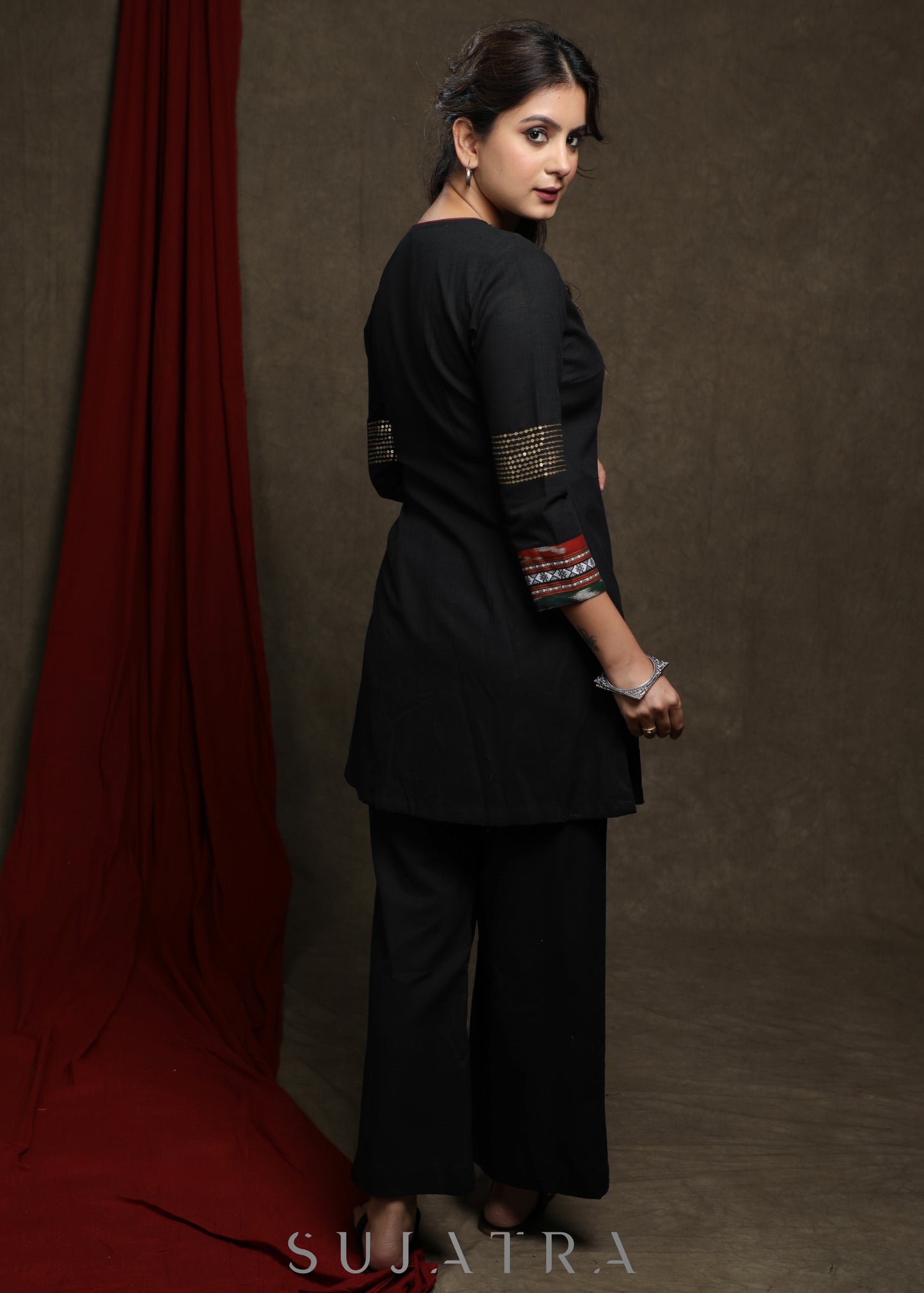 Black Overlap tunic with gold sequence work & ikat detailing - Pant optional