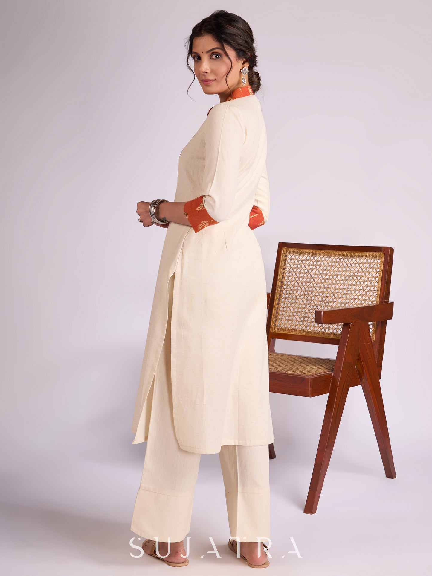 Elegant Off-White Cotton Flex Kurta with Graceful Orange Ikat Yoke, Collar & Cuffs