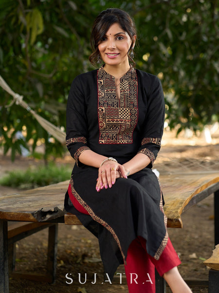 Solid Black Cotton Kurta with Ajrakh Yoke and Sleeves