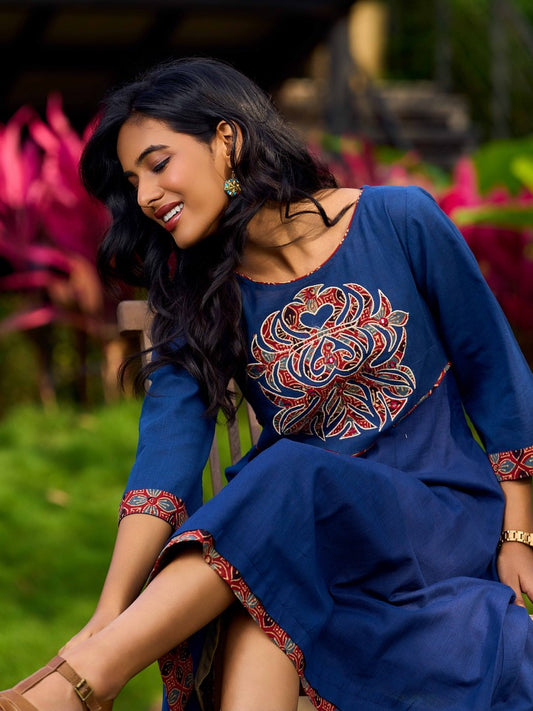 Ajrakh Appliqué Cotton Dress In Navy With Bell Sleeves And Mirror Embellishment