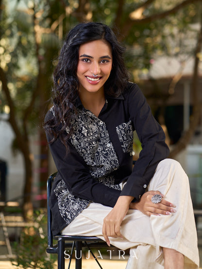 Black Cotton Shirt with Print Panel And Coin Embellishments
