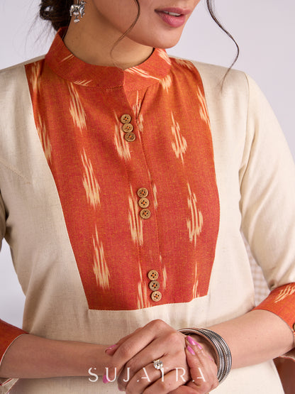Elegant Off-White Cotton Flex Kurta with Graceful Orange Ikat Yoke, Collar & Cuffs