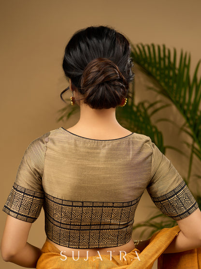 Elegant dark gold cotton silk blouse with traditional block print design - Optional Plain Saree