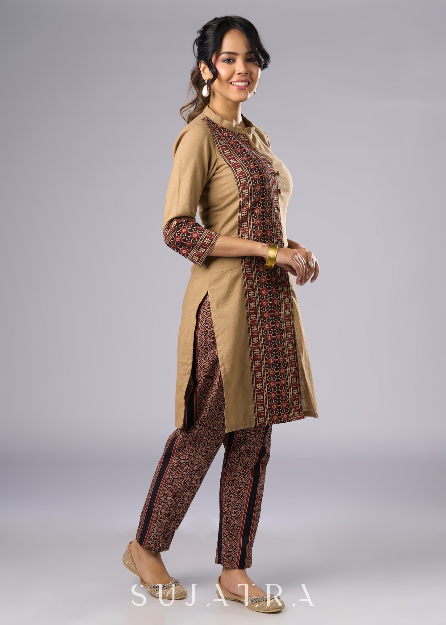 Classy Dark Beige Cotton Ajrakh Combination Tunic  - Pant Additional