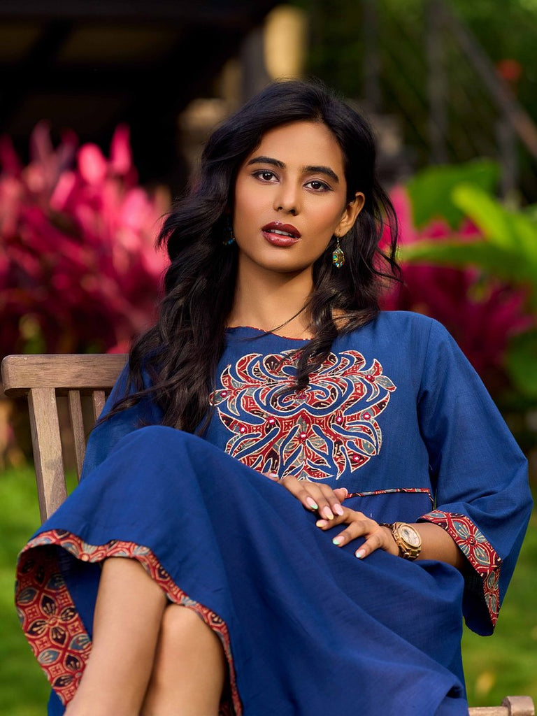 Ajrakh Appliqué Cotton Dress In Navy With Bell Sleeves And Mirror Embellishment