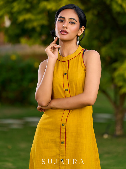 Exquisite Mustard Cotton Halter Dress Highlighted with Maroon Piping and Handcrafted Ajrakh Buttons - Jacket Optional