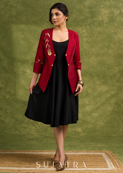 Elegant Asymmetry , Maroon Silk Jacket With Striking Golden Hand Embroidery - Dress Optional.