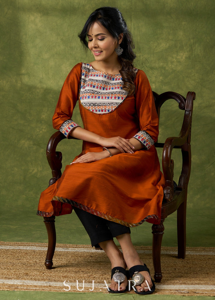 Exclusive Rust Kurta With Hand Painted Madhubani Yoke  - Pant Optional