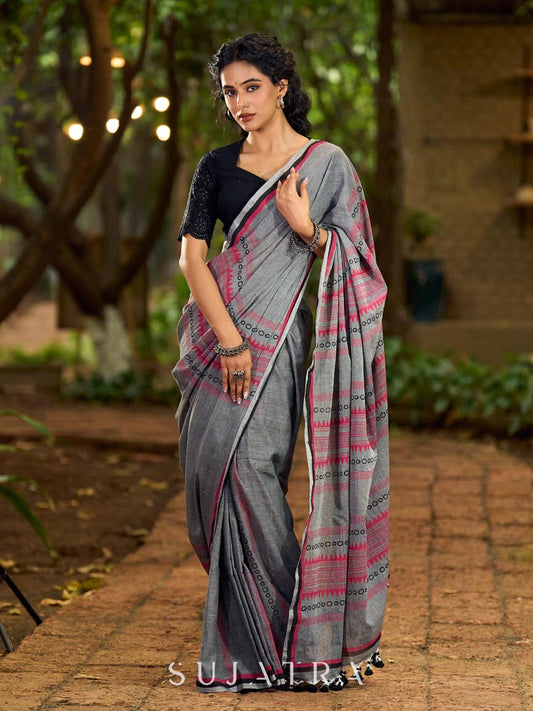Poised Grey Cotton Saree with Classic Hand Block Printed Borders