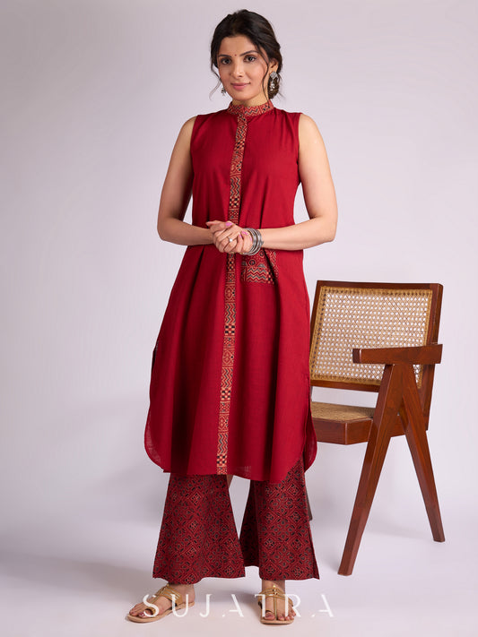 Maroon Cotton Kurta with Ajrakh Collar Placket & Pocket Detailing
