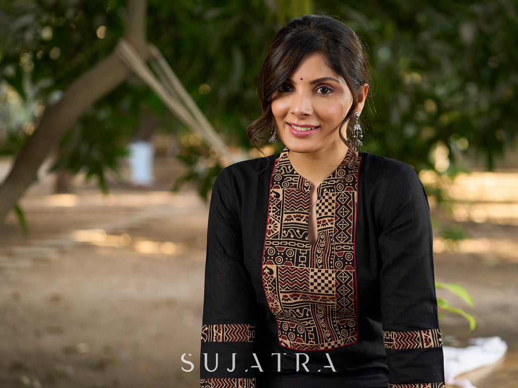 Solid Black Cotton Kurta with Ajrakh Yoke and Sleeves