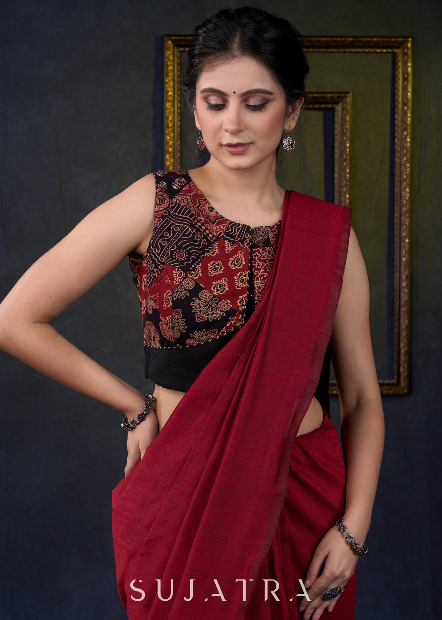 Trendy Ajrakh Sleeveless Patch Work Blouse