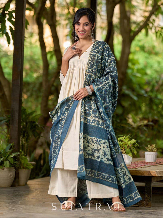 Classic Navy Blue Mul Cotton Dupatta with Traditional Prints