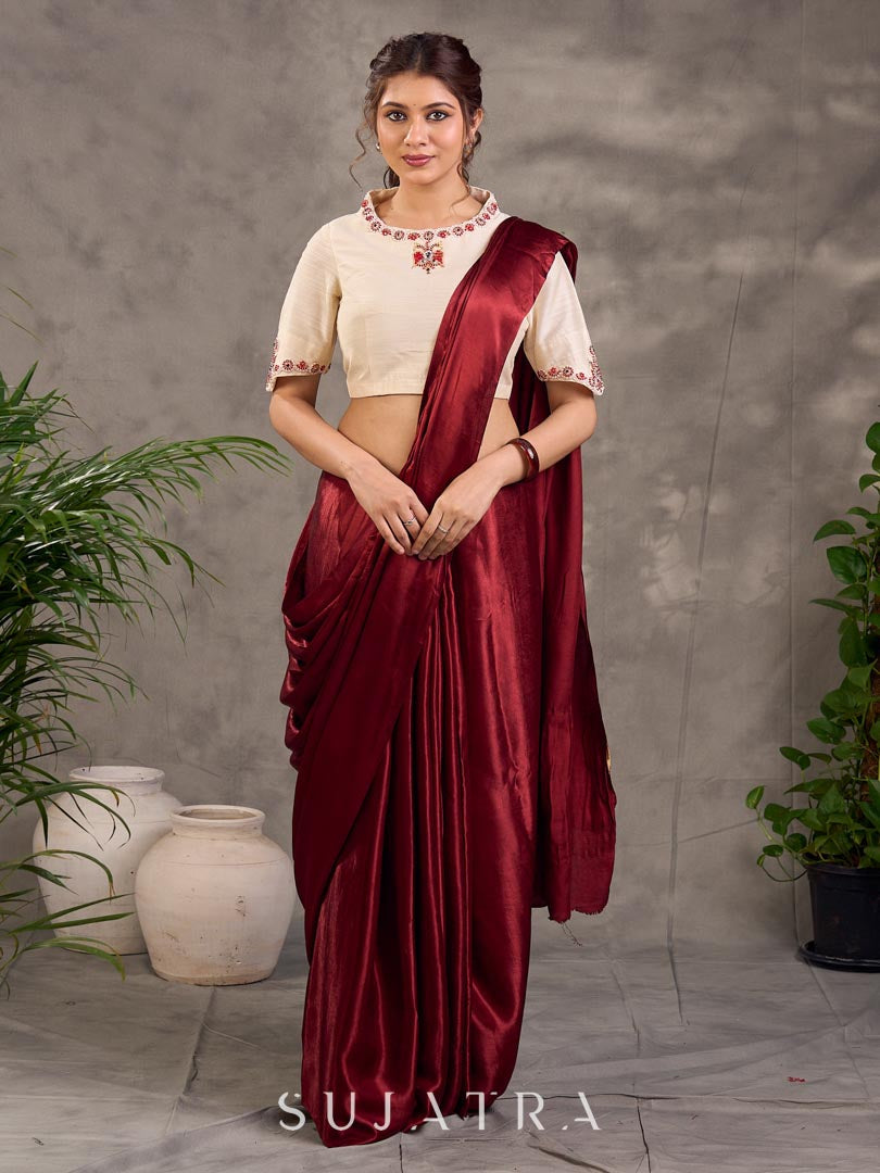 Cream Cotton Silk Blouse with Colorful Floral Embroidered Neckline and Sleeves