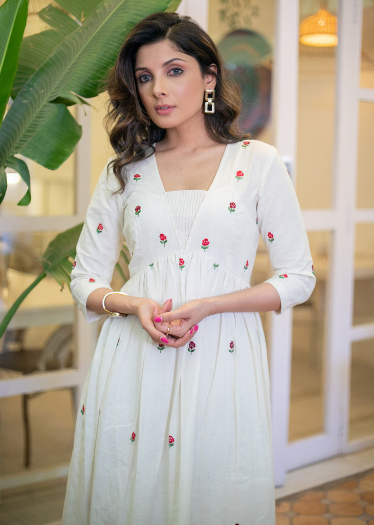Beautiful White Cotton Dress with Floral Embroidery