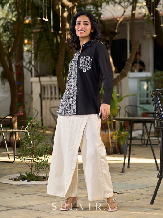 Black Cotton Shirt with Print Panel And Coin Embellishments