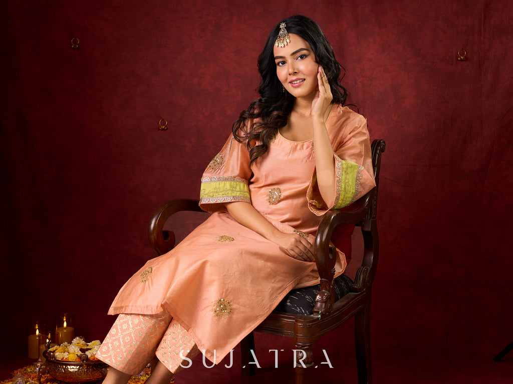 Graceful Peach-Green Combination Chanderi Kurta with Fine Embroidery