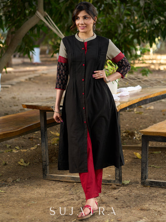 Timeless Black Kurta in Cotton with Ajrakh Accents on Yoke and Sleeves