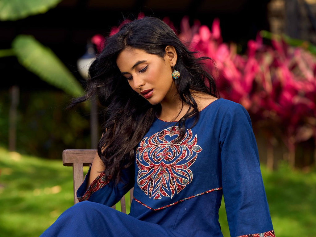 Ajrakh Appliqué Cotton Dress In Navy With Bell Sleeves And Mirror Embellishment