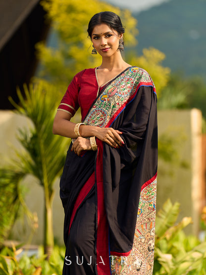 Striking Black Modal Saree with Hand-Painted Madhubani Pallu & Maroon-Blue Border