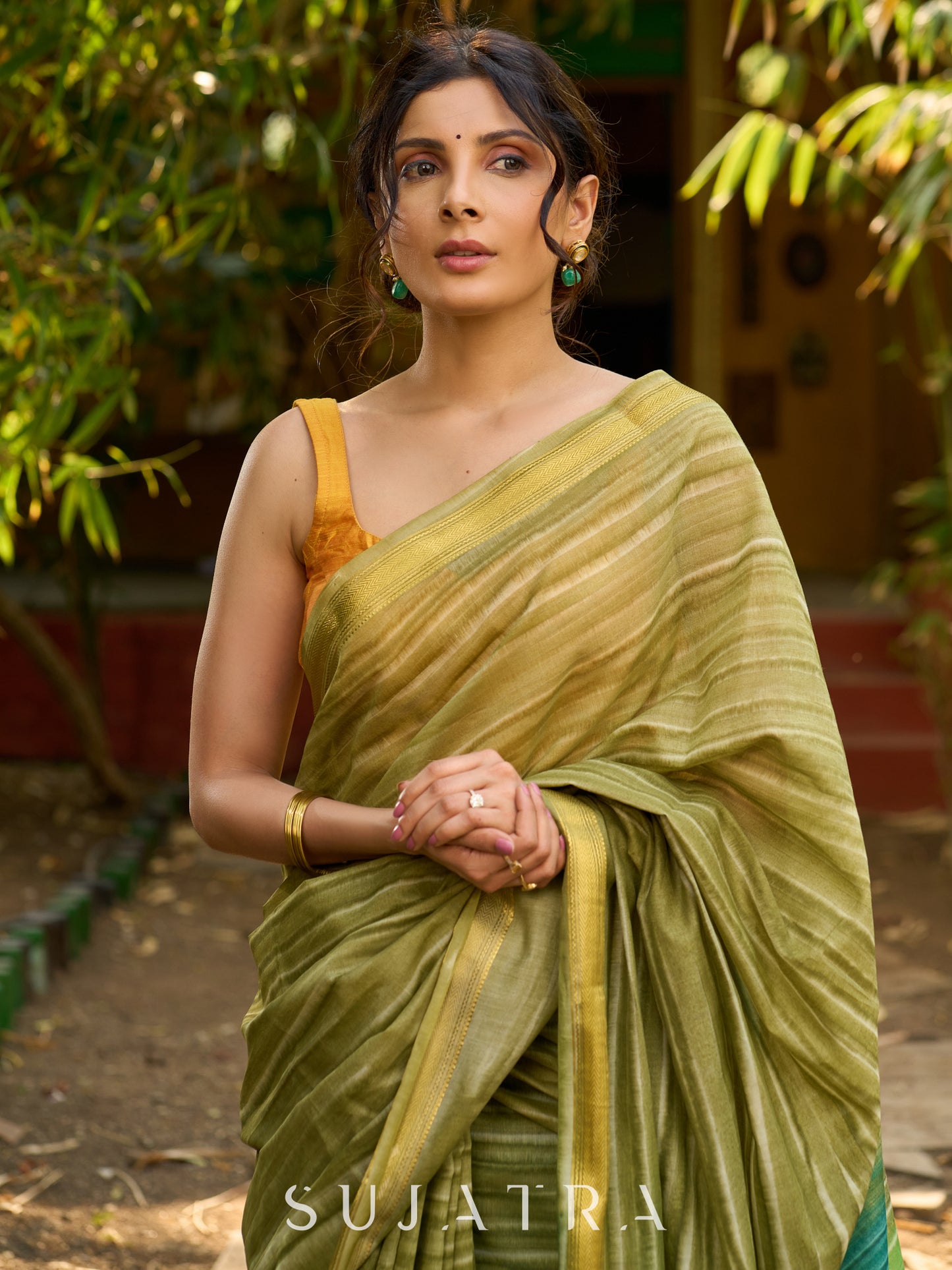 Striped Olive cotton Saree with Lustrous Golden Border