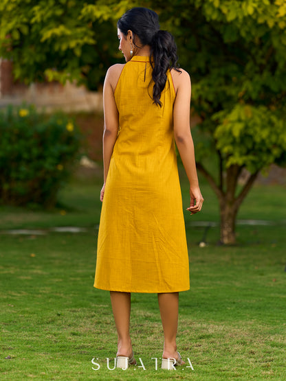 Stylish Mustard Cotton A-Line Halter Dress With Contrasting Maroon Details And Ajrakh Buttons