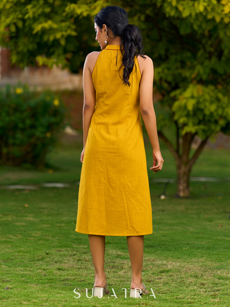 Exquisite Mustard Cotton Halter Dress Highlighted with Maroon Piping and Handcrafted Ajrakh Buttons - Jacket Optional