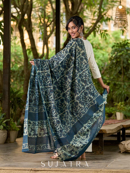 Classic Navy Blue Mul Cotton Dupatta with Traditional Prints