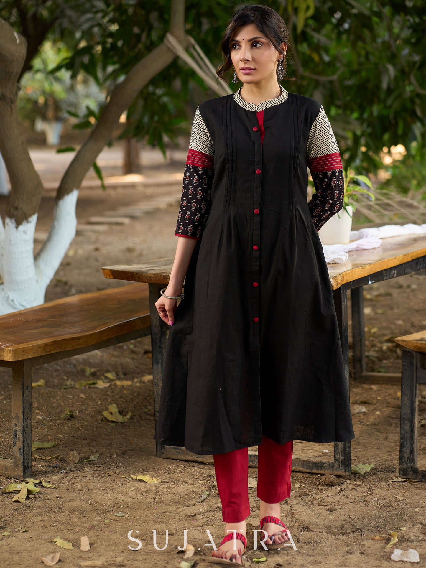 Timeless Black Kurta in Cotton with Ajrakh Accents on Yoke and Sleeves