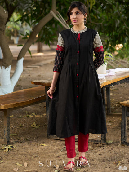 Timeless Black Kurta in Cotton with Ajrakh Accents on Yoke and Sleeves