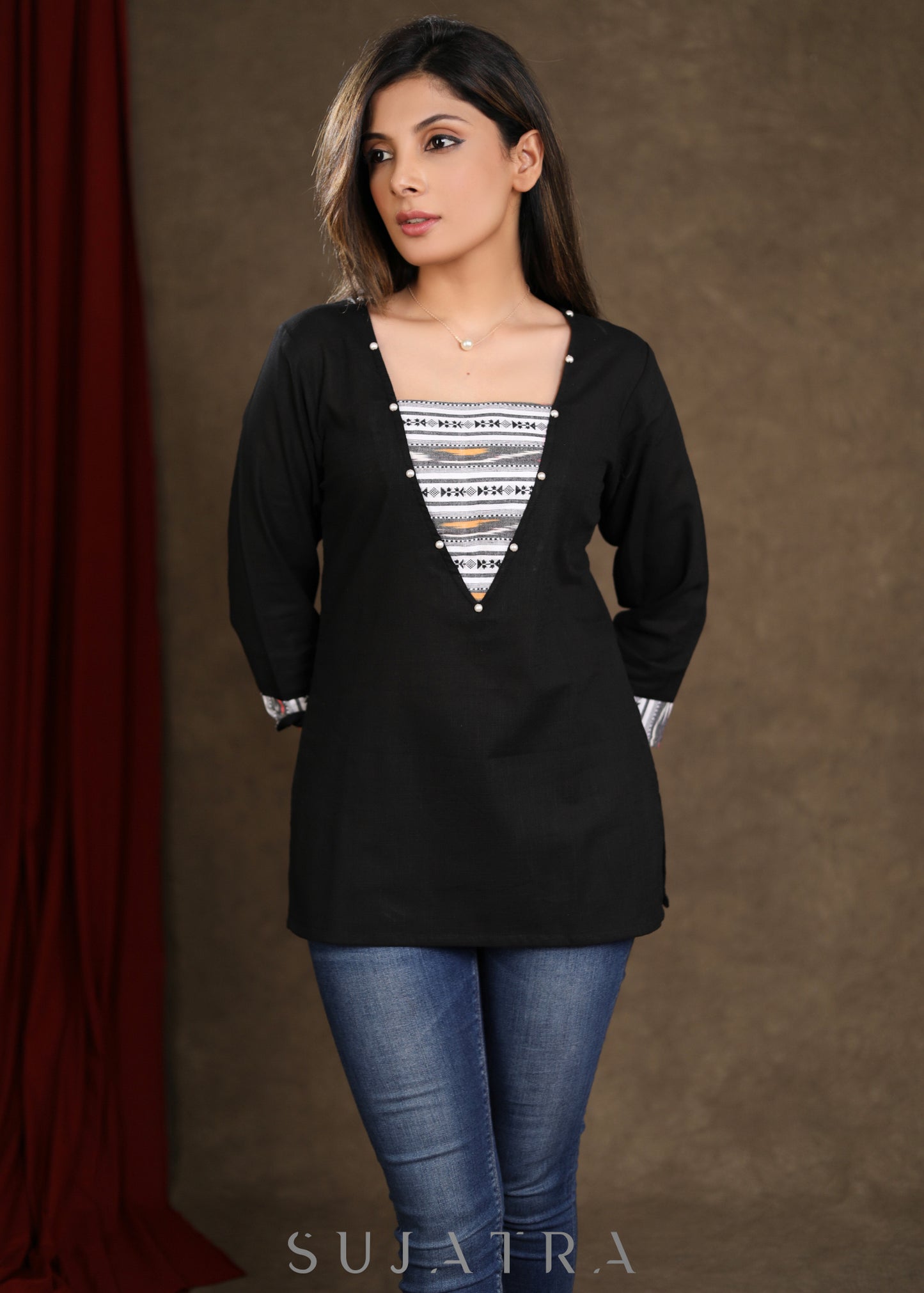 Black Cotton Top with Ikkat Detailing