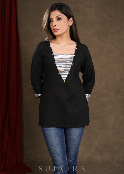 Black Cotton Top with Ikkat Detailing