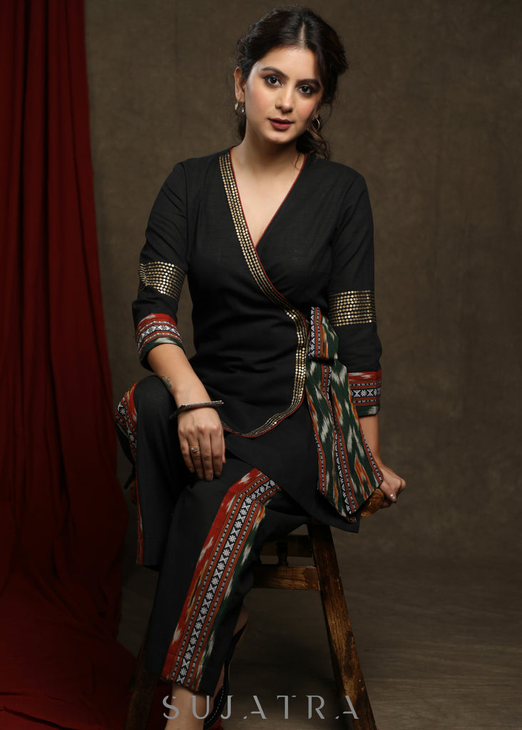 Black Overlap tunic with gold sequence work & ikat detailing - Pant optional