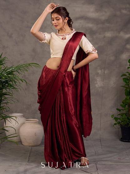 Cream Cotton Silk Blouse with Colorful Floral Embroidered Neckline and Sleeves