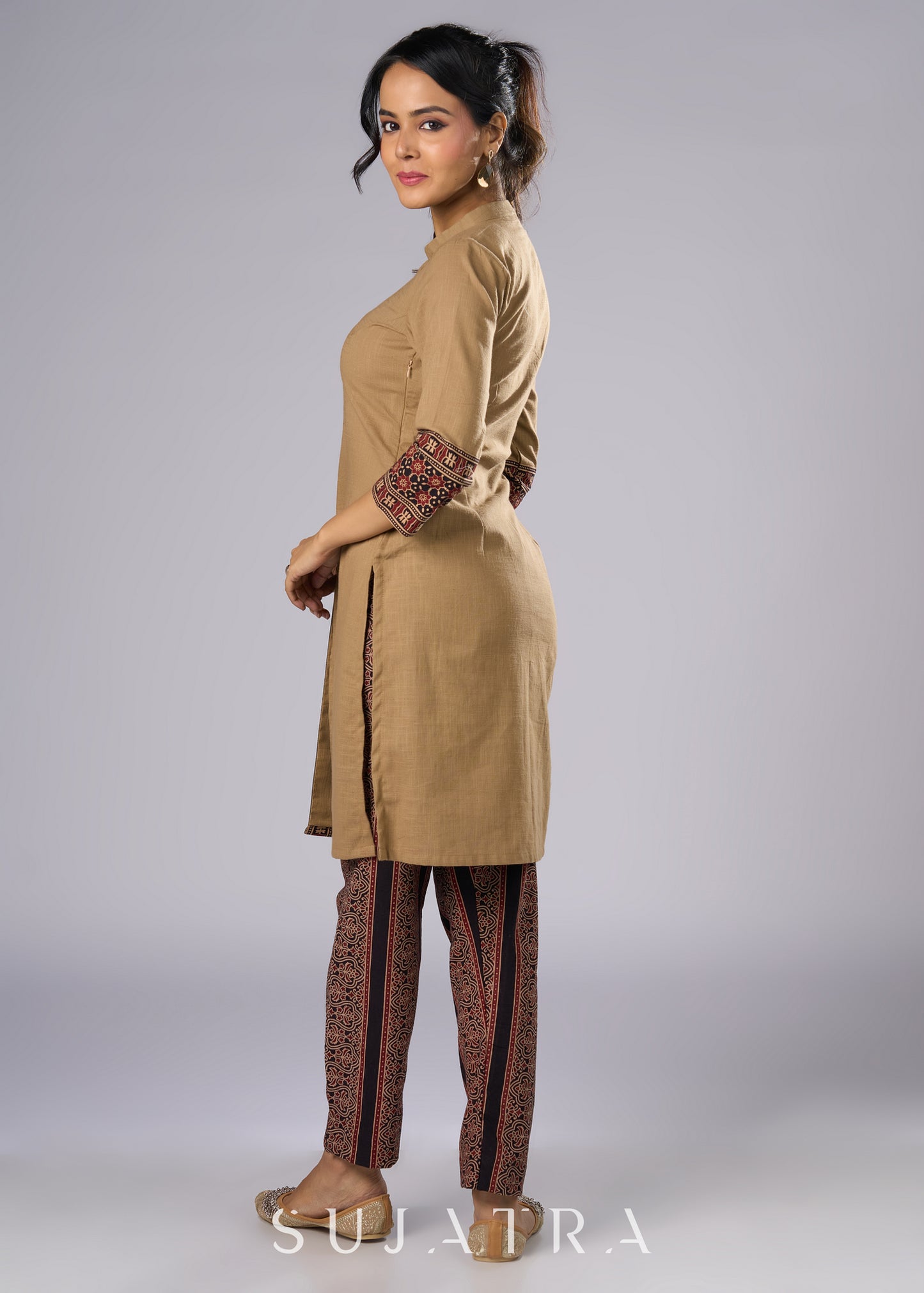 Classy Dark Beige Cotton Ajrakh Combination Tunic  - Pant Additional