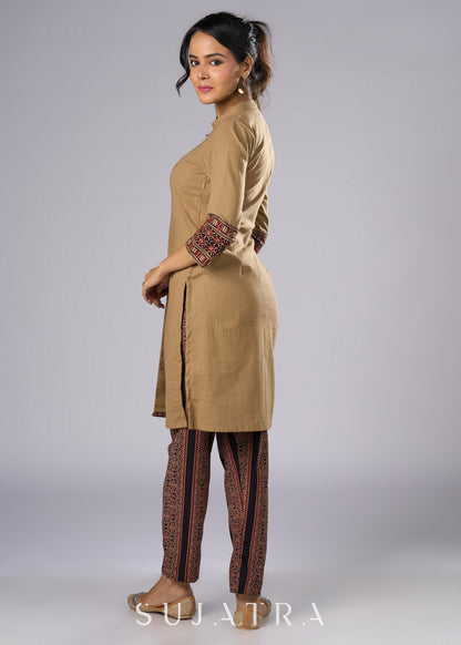 Classy Dark Beige Cotton Ajrakh Combination Tunic  - Pant Additional