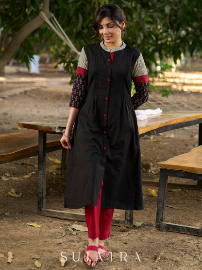 Timeless Black Kurta in Cotton with Ajrakh Accents on Yoke and Sleeves