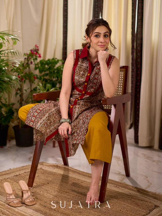 Multicolour Ethnic Print Cotton Sleeveless Kurta with Bold Maroon Collar and Placket Detail