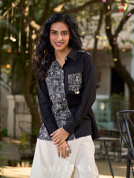 Black Cotton Shirt with Print Panel And Coin Embellishments