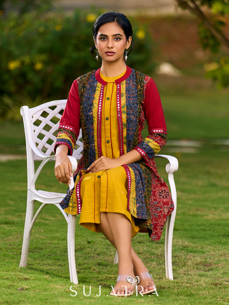 Vibrant Ajrakh Panel Jacket Embellished With Mirror Lace Highlights