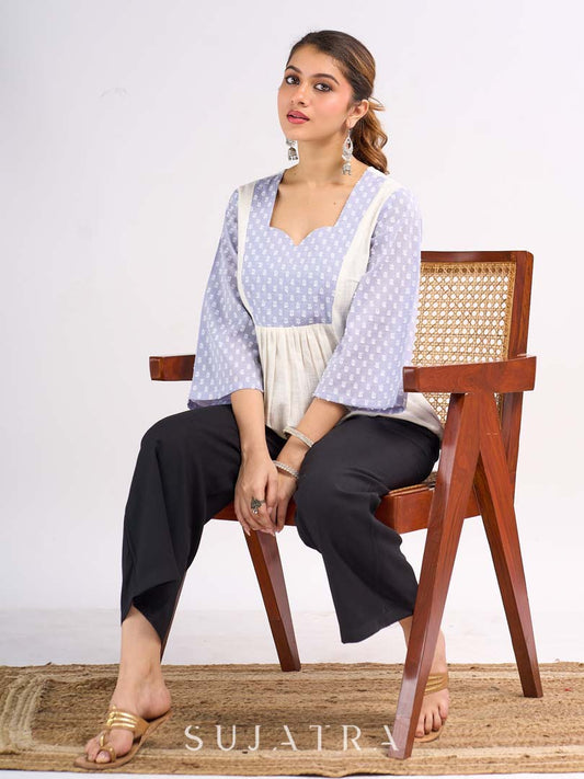 Powder Blue Dobby Cotton Contemporary Top with Soft Gathered Waist