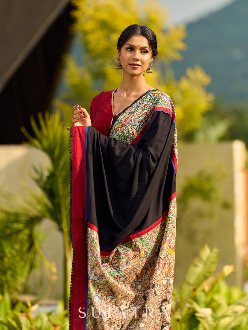 Striking Black Modal Saree with Hand-Painted Madhubani Pallu & Maroon-Blue Border