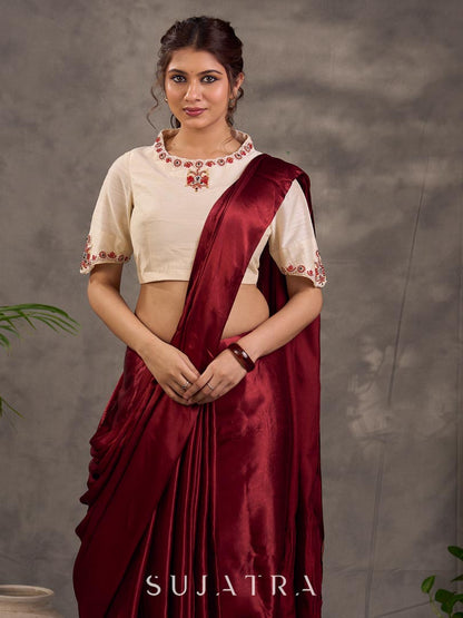 Cream Cotton Silk Blouse with Colorful Floral Embroidered Neckline and Sleeves