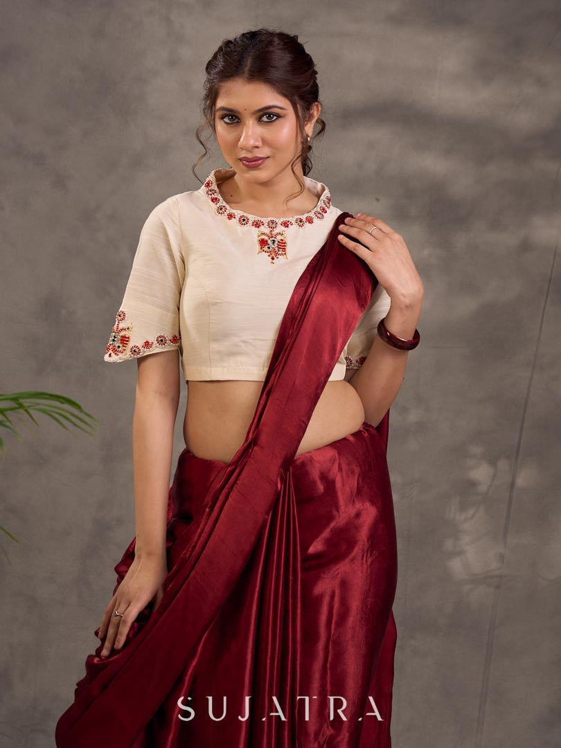 Cream Cotton Silk Blouse with Colorful Floral Embroidered Neckline and Sleeves