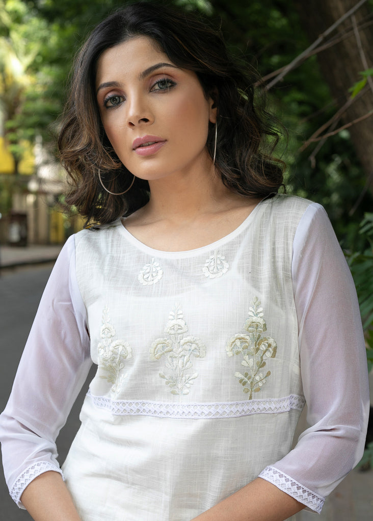 Classy White Cotton Kurta with Front Embroidery and Lace Detailing - Pant Optional