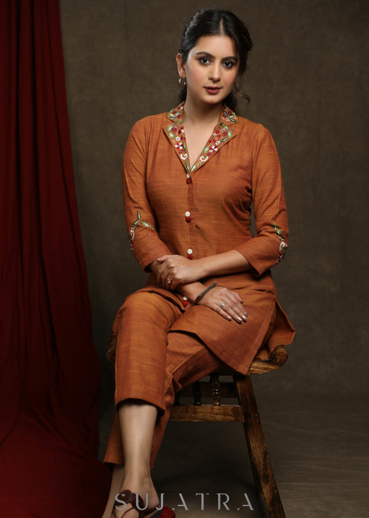 Trendy Rust cotton tunic with embroidered collar & sleeves - Co ord pant optional